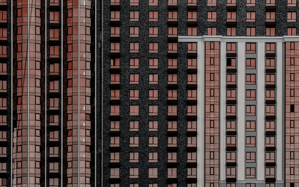 Buildings in red and black with many windows